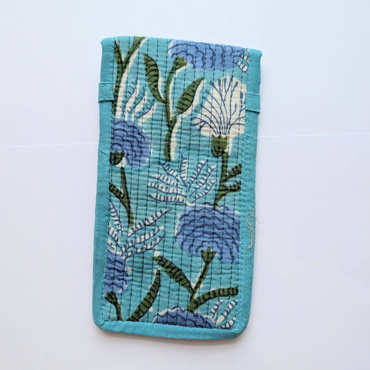 Aqua Floral Block Print Quilted Cotton Glasses Case