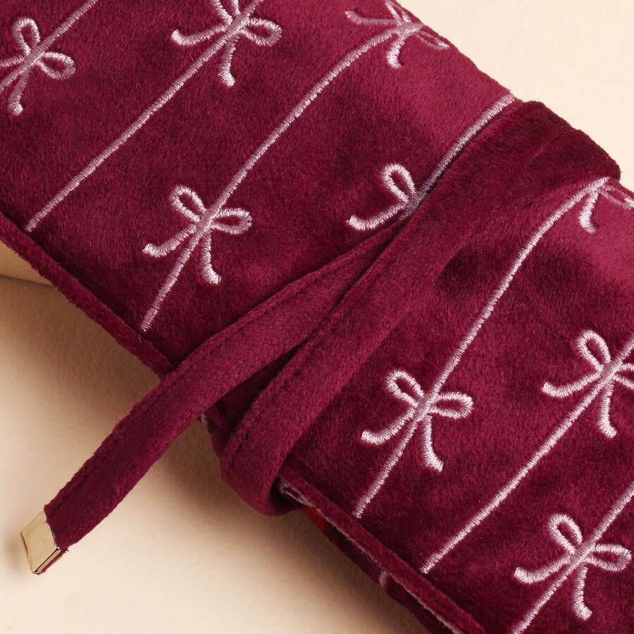 Burgundy Velvet Bow Embroidered Jewellery Roll