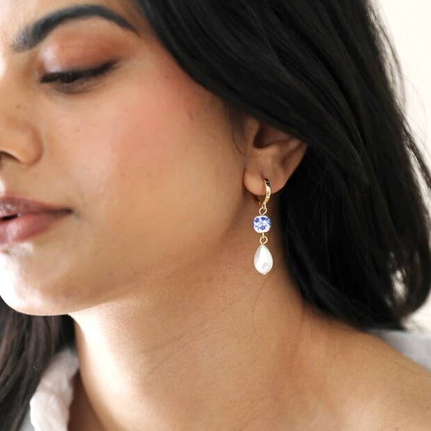 Blue Willow and Pearl Drop Earrings