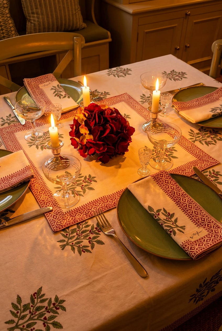 Christmas Holly Floral Block Printed Cotton Napkin Set of 2 - 50x50cm