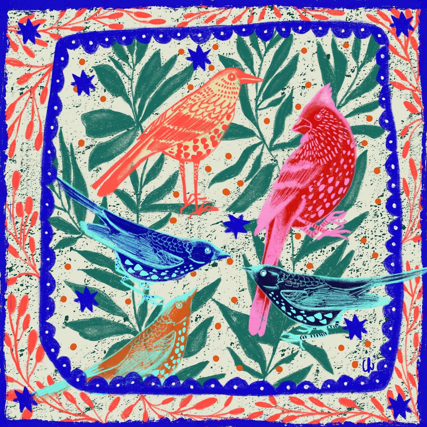 Five Birds & Leaves Art Print