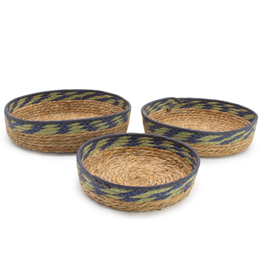 Natural Green & Blue Seagrass Tray Basket Nesting Set
