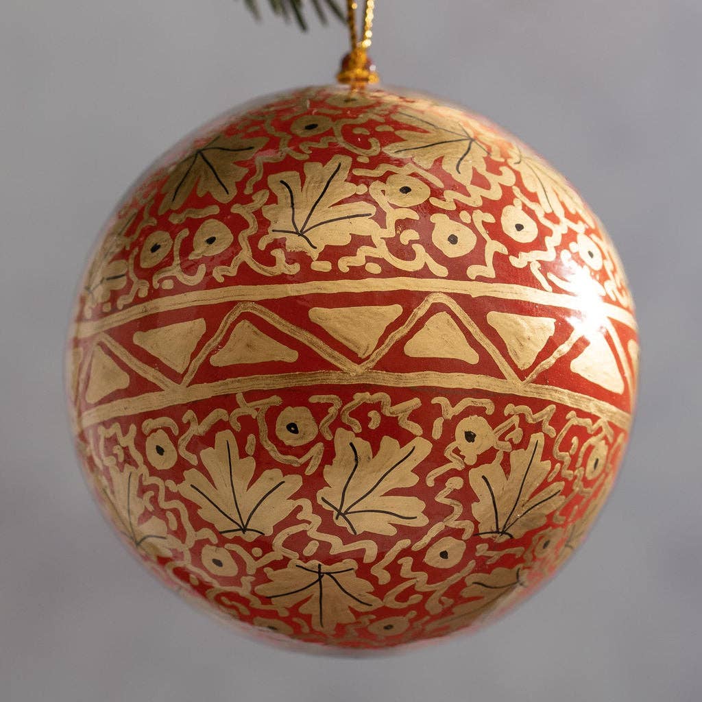 Red & Gold Paper Mâché Bauble - 3”