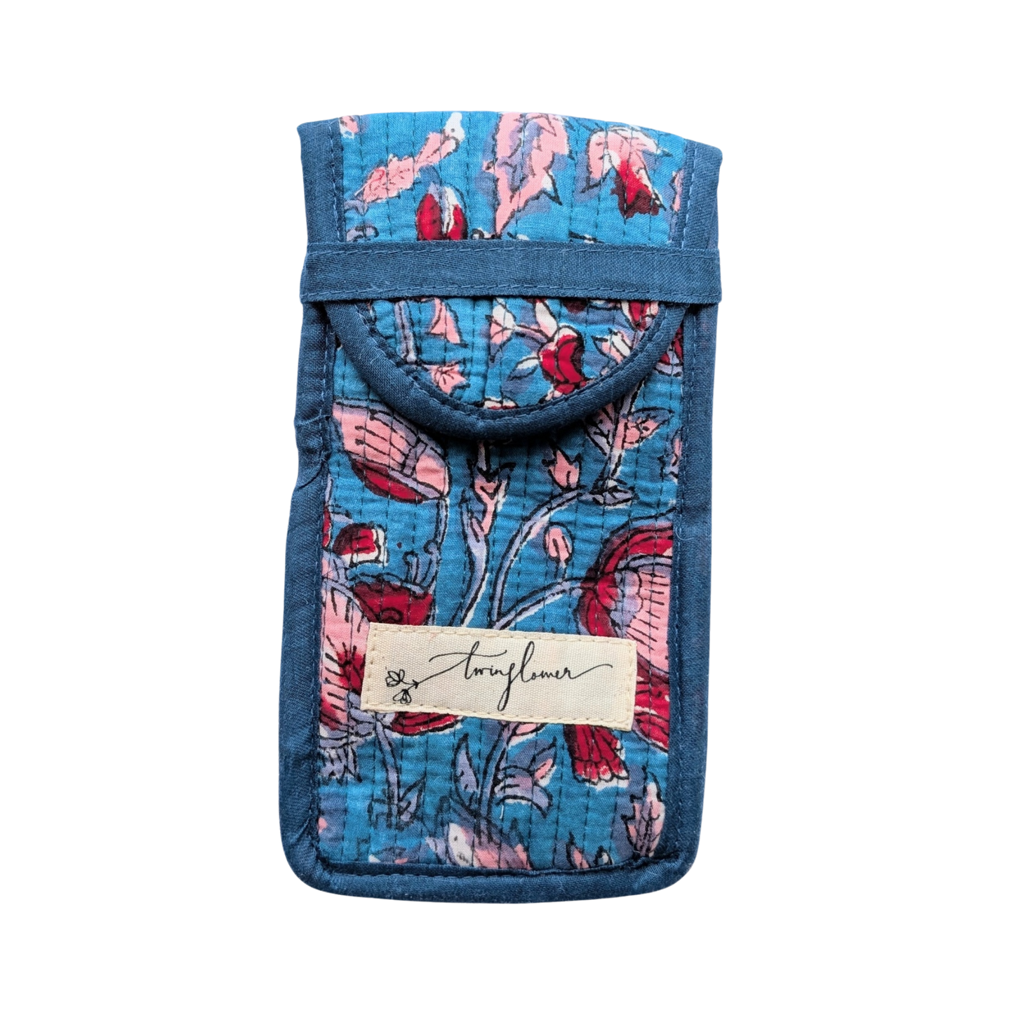 Blue & Red Floral Block Print Quilted Cotton Glasses Case