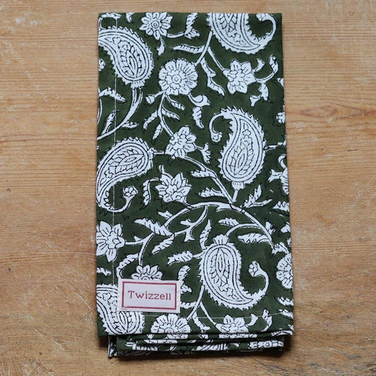 Olive & White Paisley Block Print Napkin Set of 4