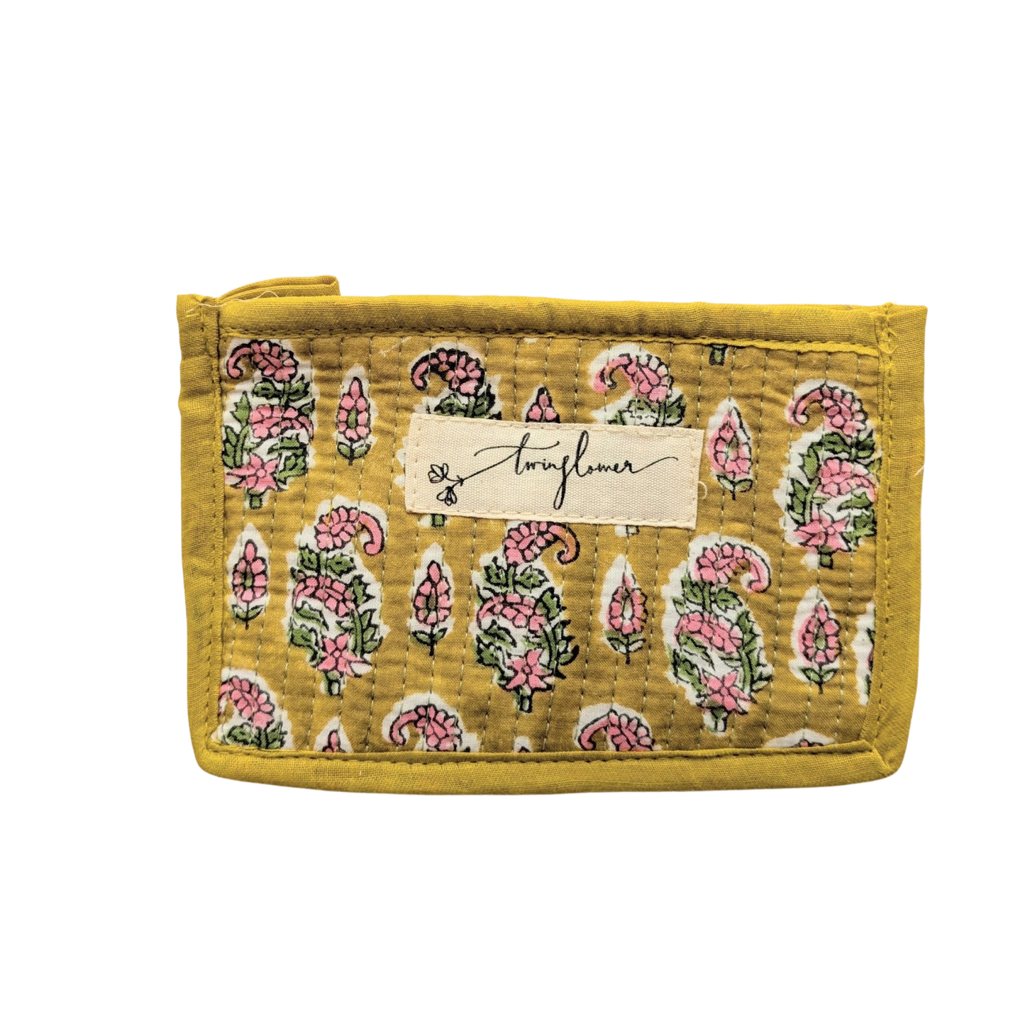 Yellow & Pink Flower Block Print Quilted Small Pouch