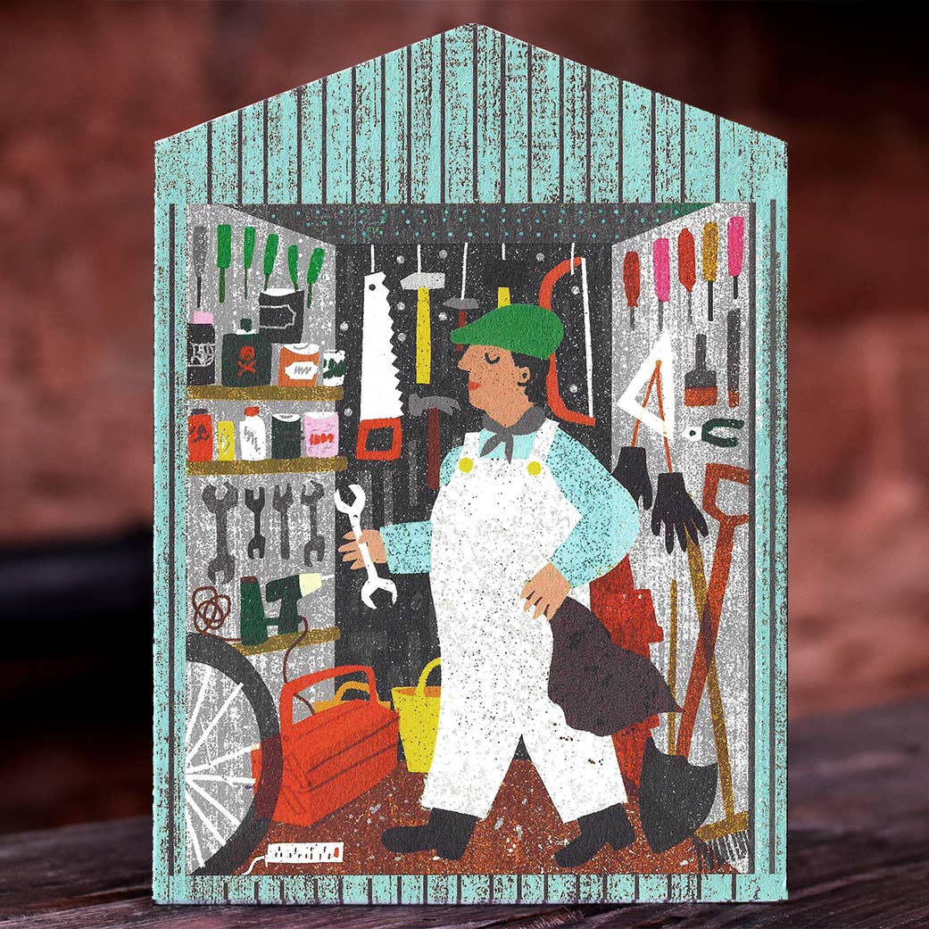 Guy in Shed Cut Out Card
