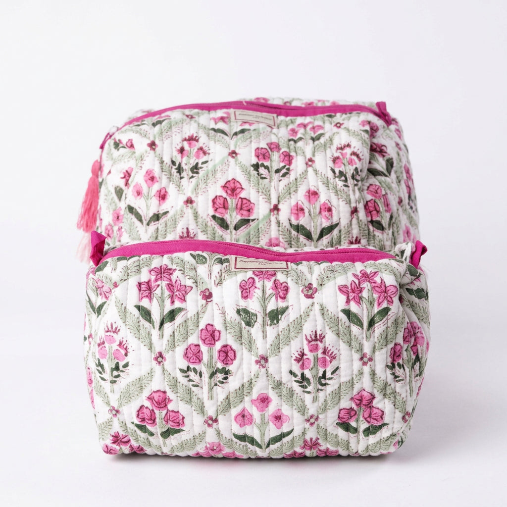 Quilted Wash Bag - Pink Flower with Green Trellis