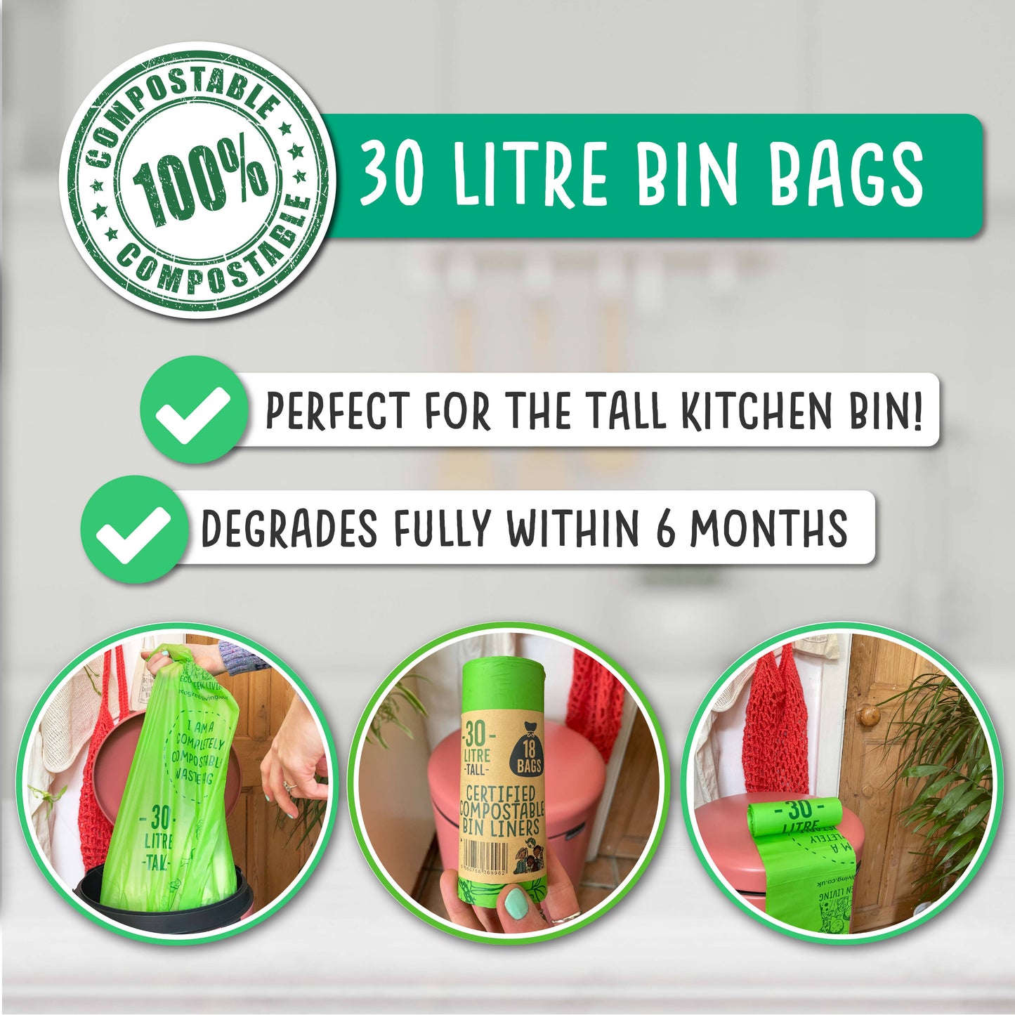 30 Litre Compostable Bin Liners – 18 bags