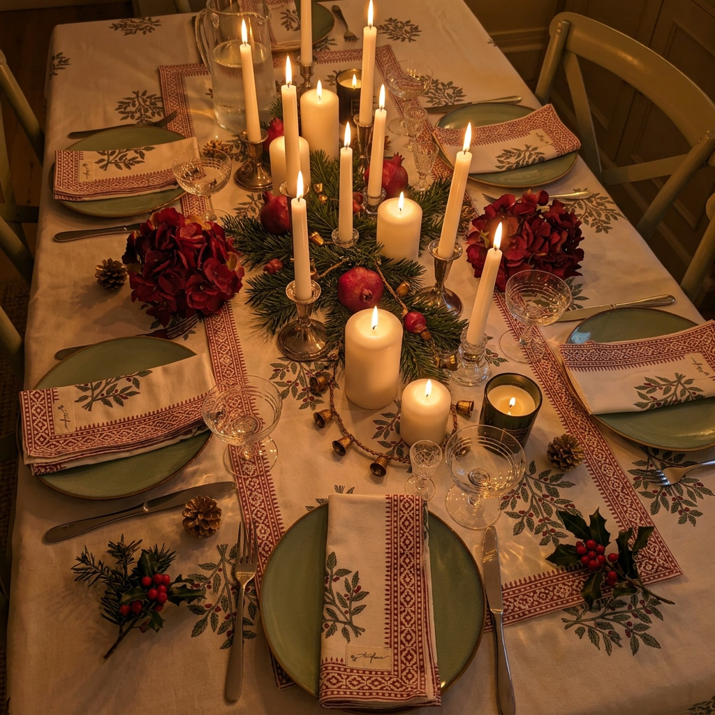 Christmas Holly Block Printed Cotton Table Runner 45x150cm