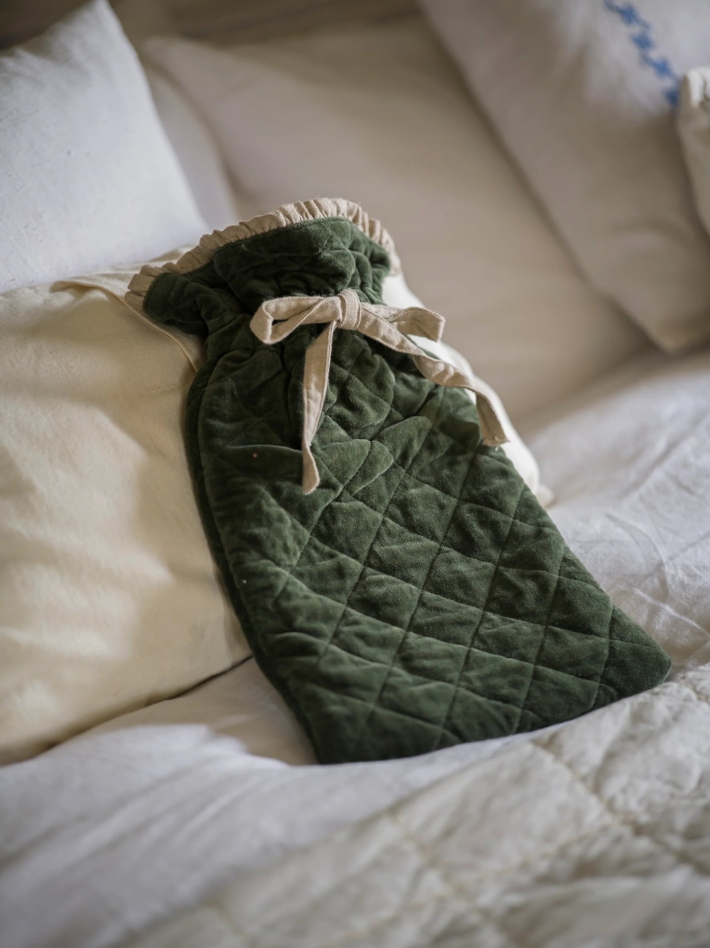 Moss Hot Water Bottle in Indian Cotton, Linen & Velvet