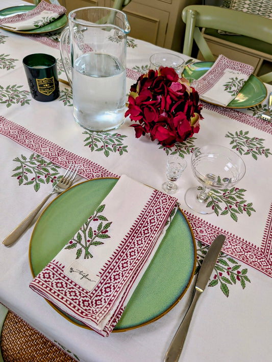 Christmas Holly Floral Block Printed Cotton Napkin Set of 2 - 50x50cm