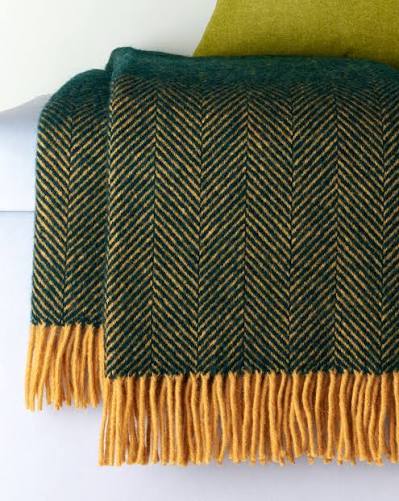 Tweedmill Herringbone Emerald & Mustard Wool Knee Blanket