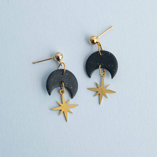 Midnight Black Watchful Star Droplet Earrings