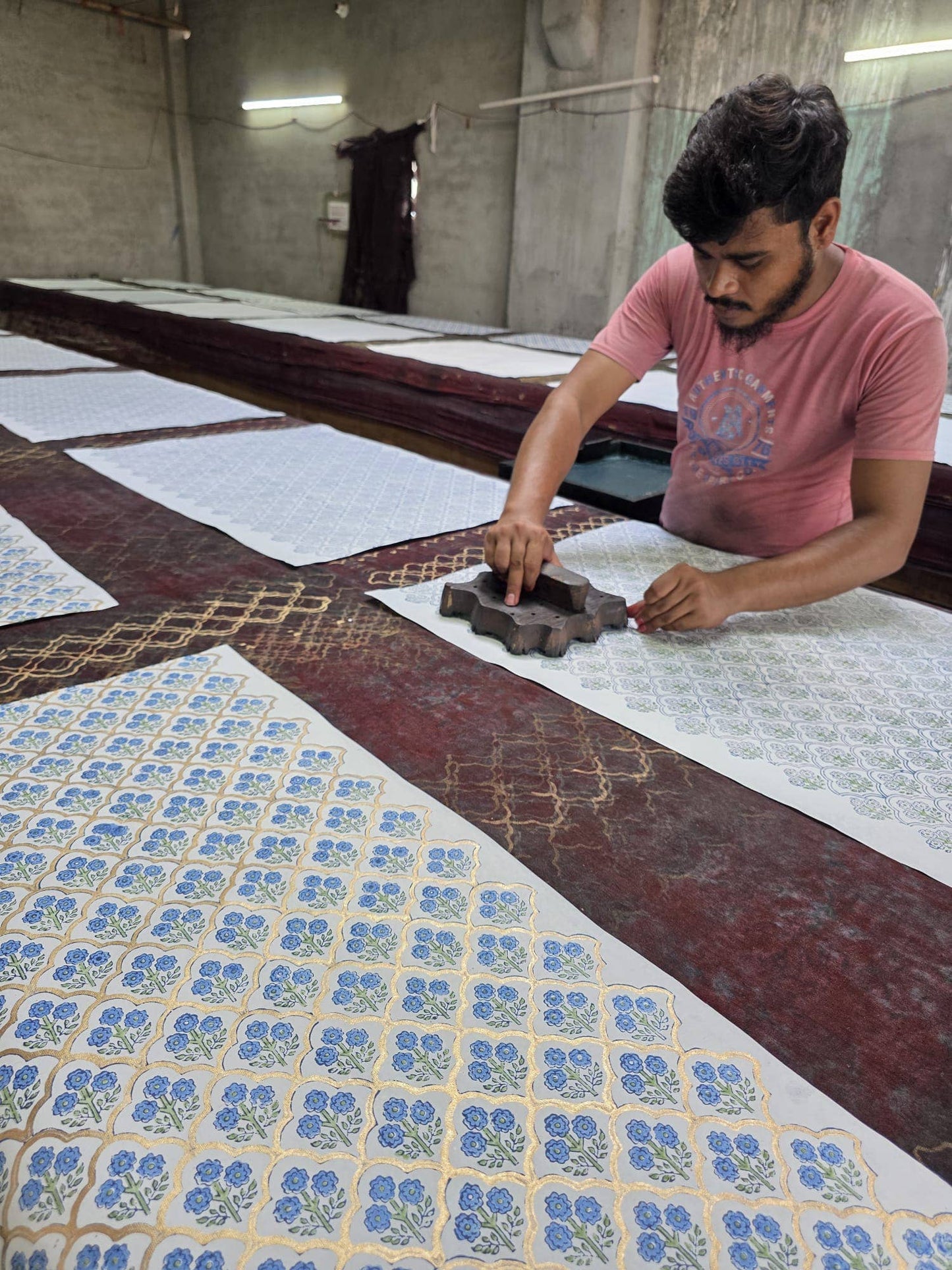 Artisanal Hand Printed Indigo Trellis Wrapping Paper Sheet