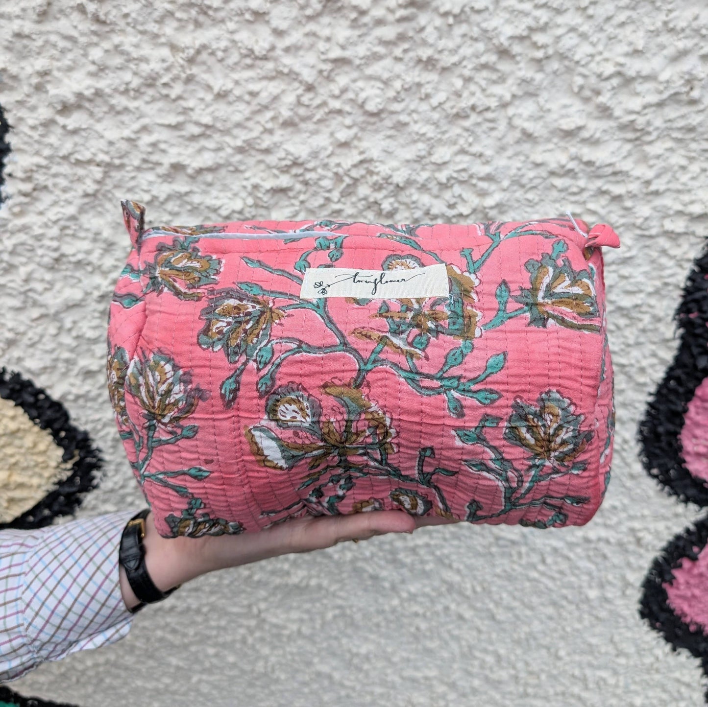 Pink Floral Block Print Quilted Large Washbag