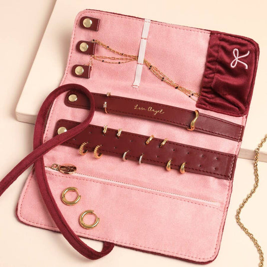 Burgundy Velvet Bow Embroidered Jewellery Roll