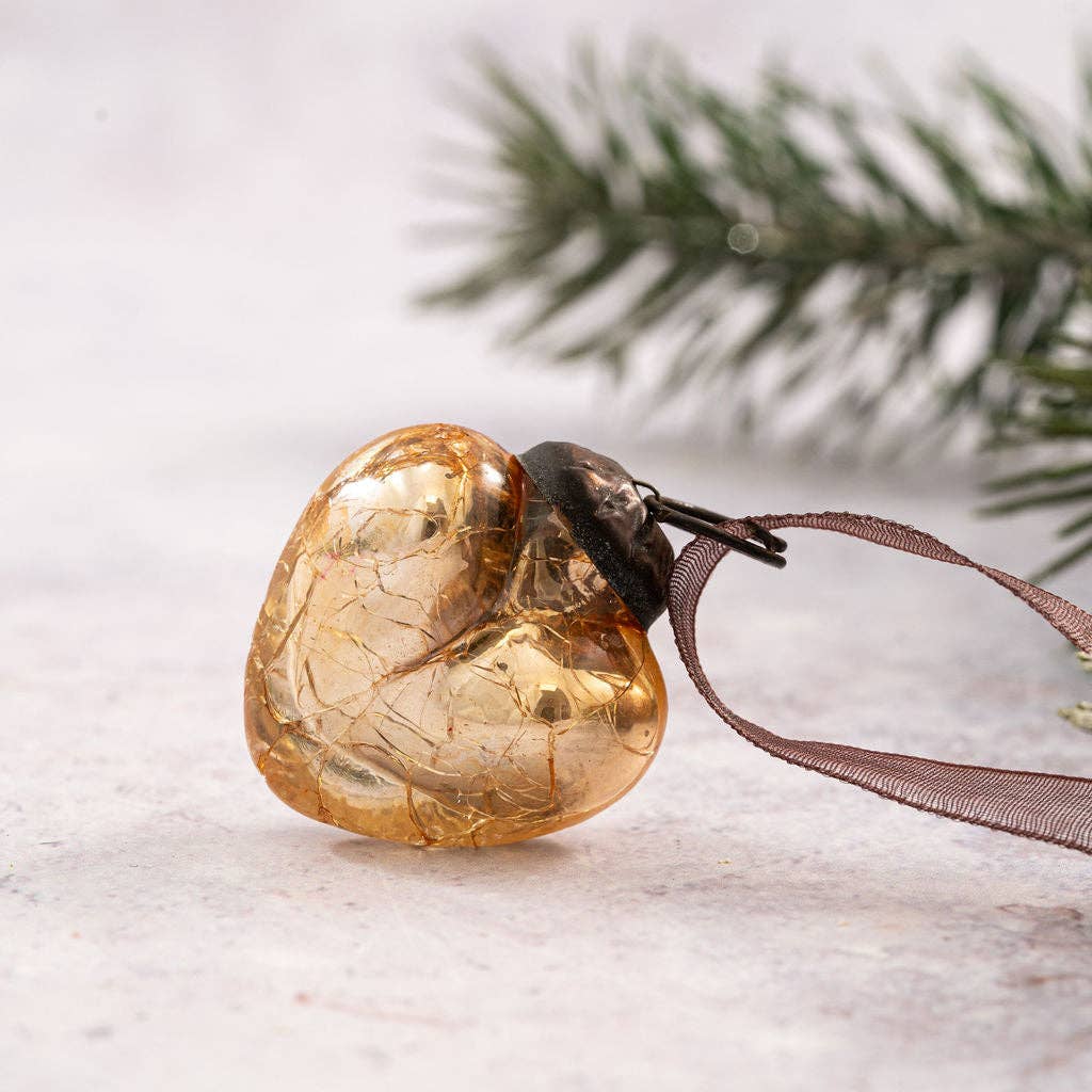 Set of 6 Small 1" Champagne Crackle Glass Hearts