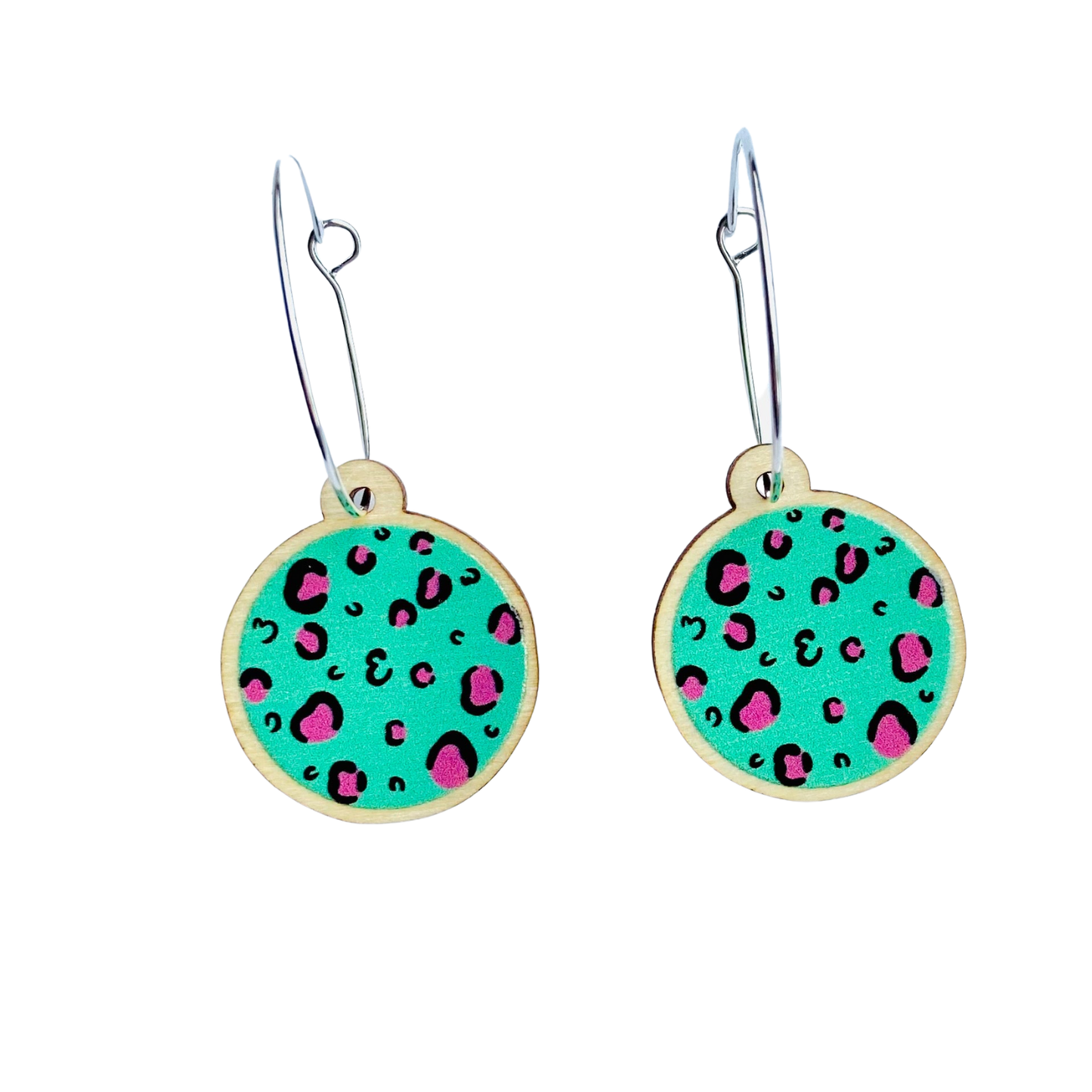 Wooden Green and Pink Leopard Hoop Earrings