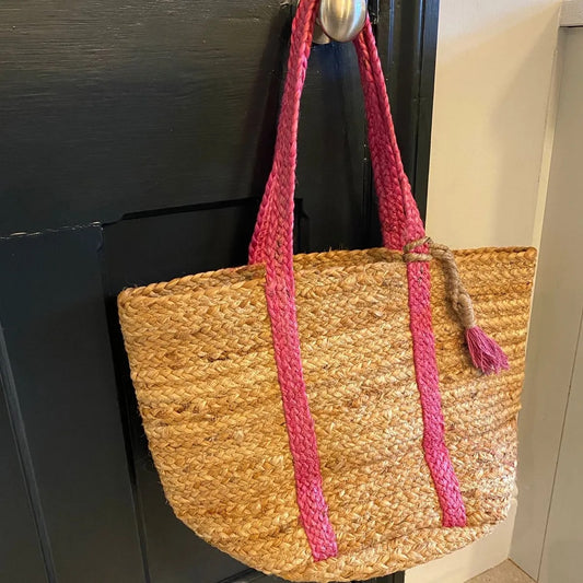 Hot Pink Handmade Woven Jute Basket Bag
