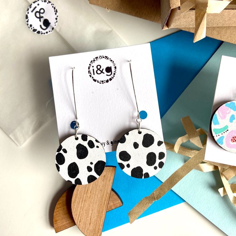 Dalmatian Drop Circle Hand Painted Wooden Earrings
