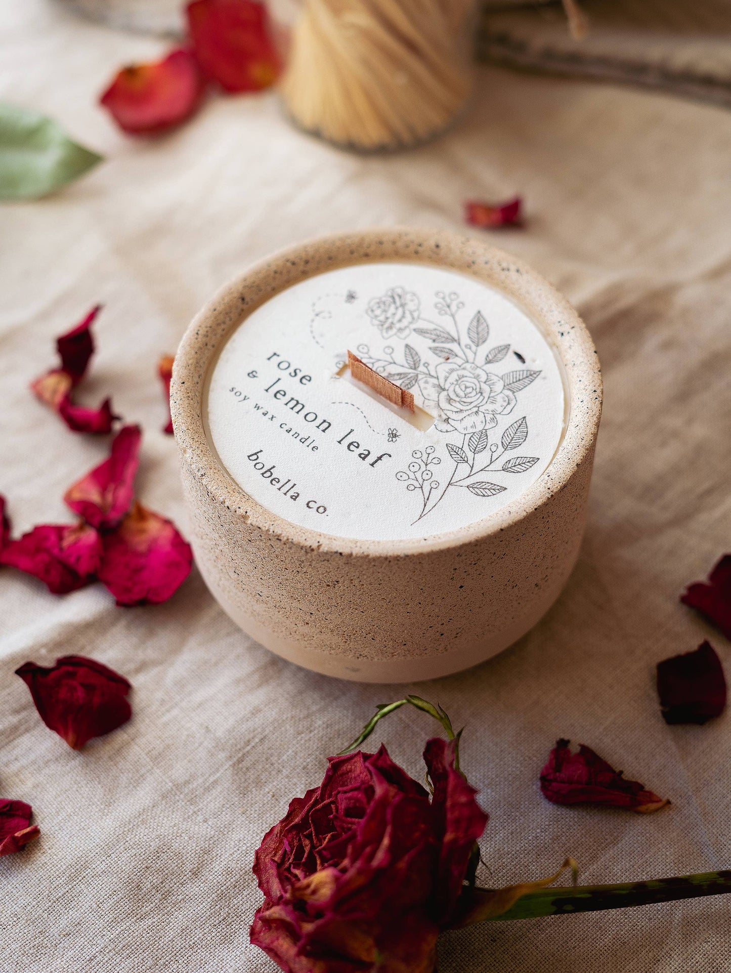 Rose & Lemon Leaf Soy Wax Candle in ceramic pot