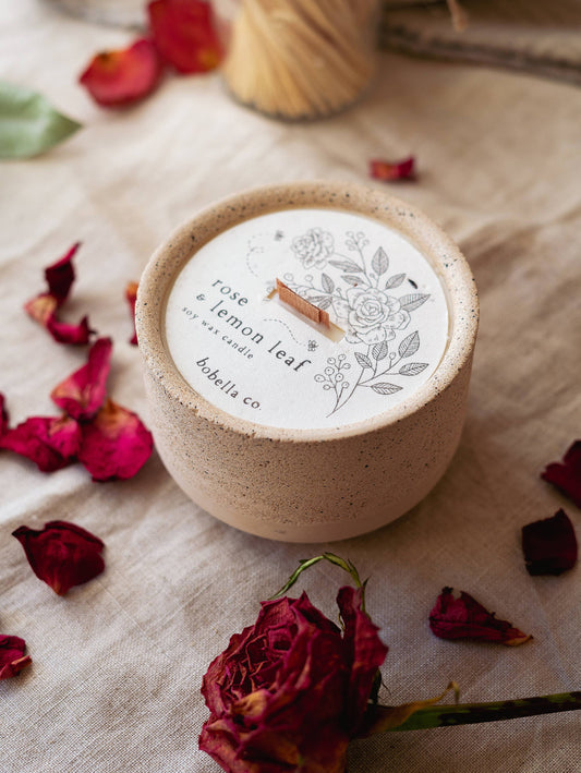 Rose & Lemon Leaf Soy Wax Candle in ceramic pot