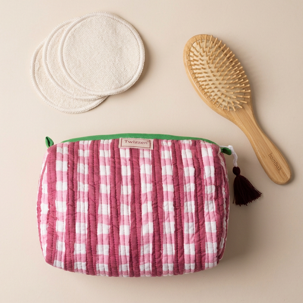 Quilted Wash Bag - Pink Gingham Checker