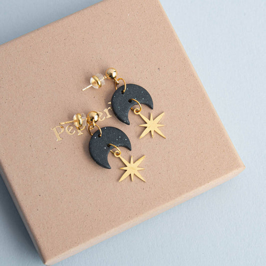 Midnight Black Watchful Star Droplet Earrings