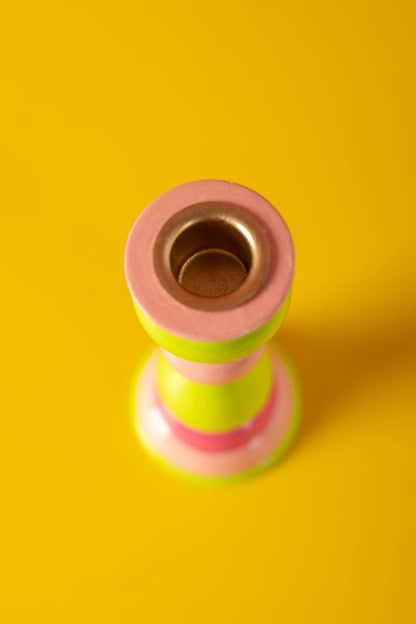 Pink & Lime Green Hand Painted Wooden Candle Holder