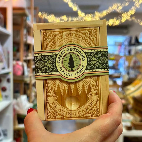 Great Outdoors Playing Cards Deck in Carved Wooden Storage Box