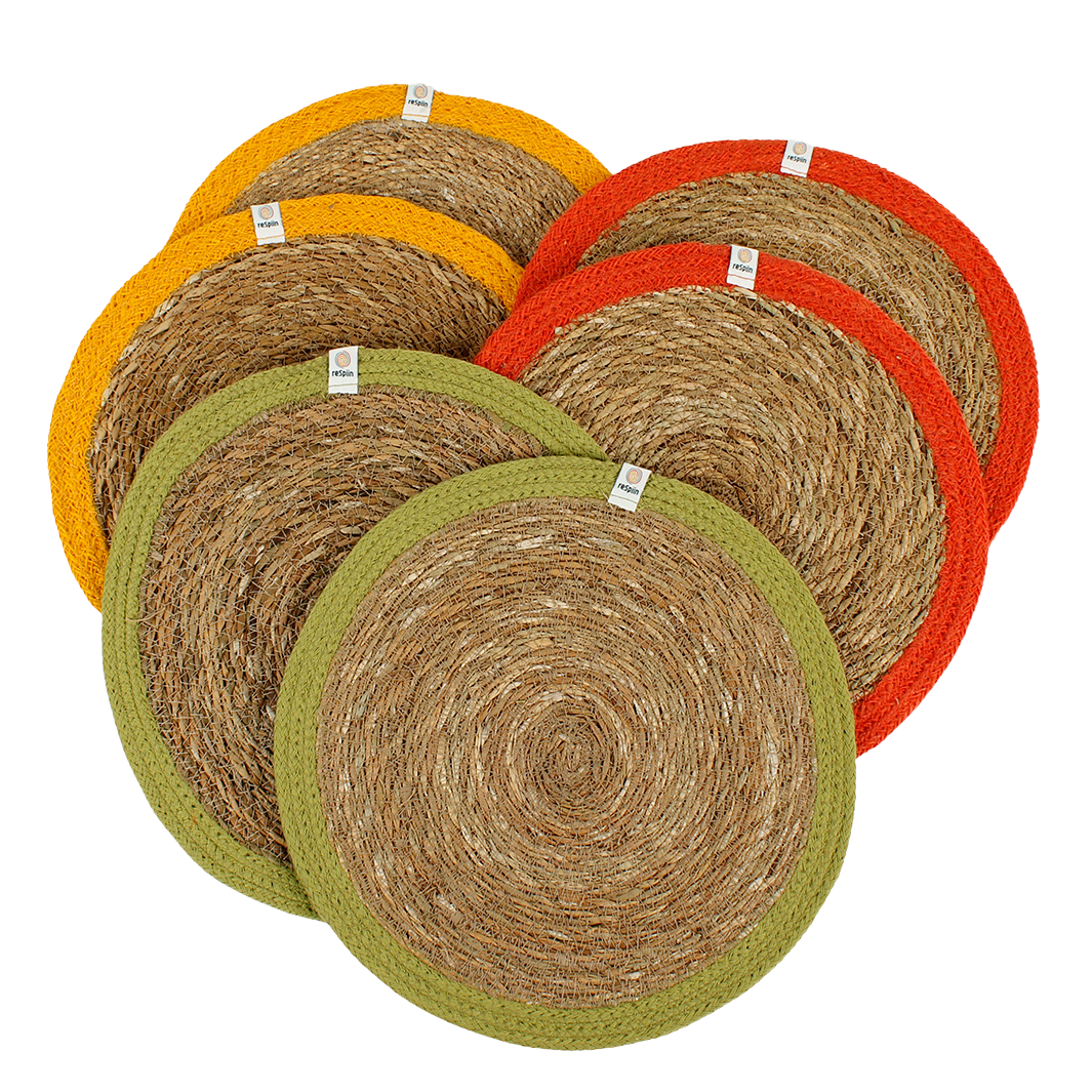 ReSpiin Set of 6 Seagrass & Jute Tablemats - Brights | Sustainable