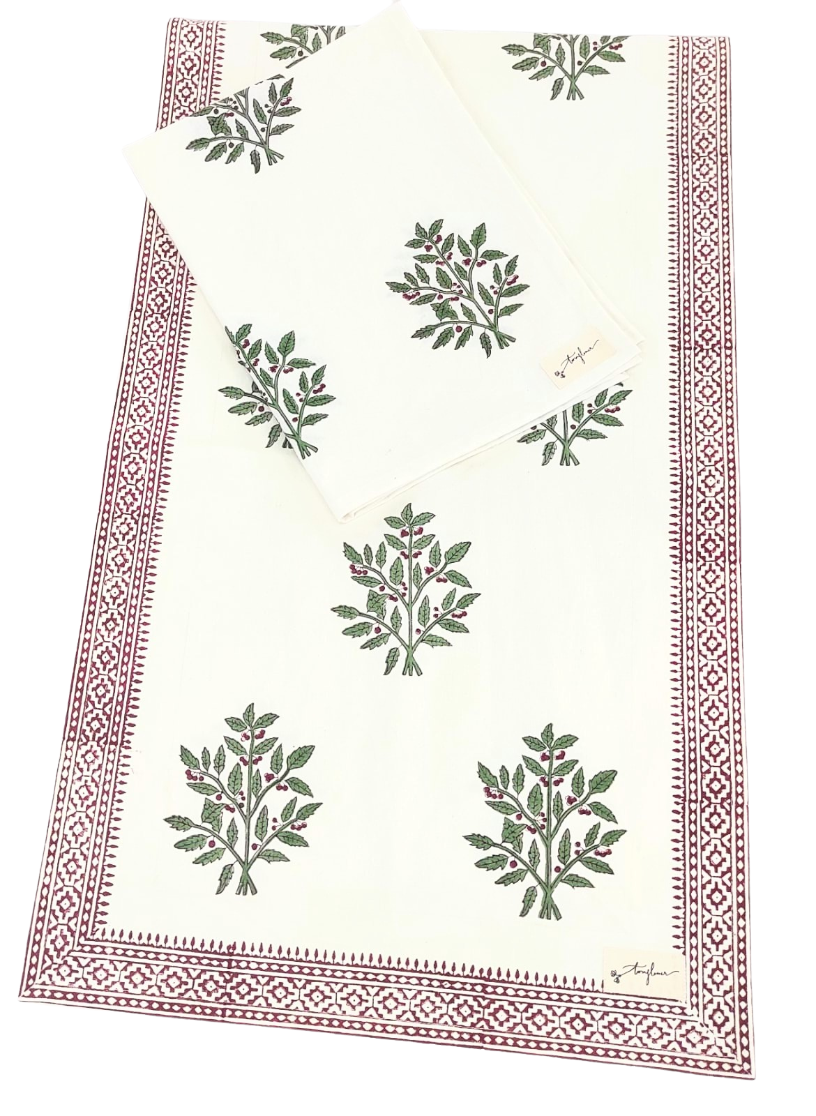 Christmas Holly Block Printed Cotton Table Runner 45x150cm