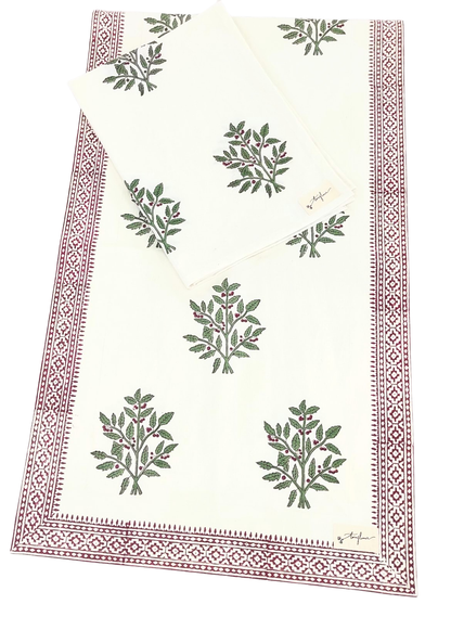 Christmas Holly Block Printed Cotton Table Runner 45x150cm