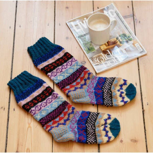 Woollen Fairisle Socks - Blue, Red and Yellow