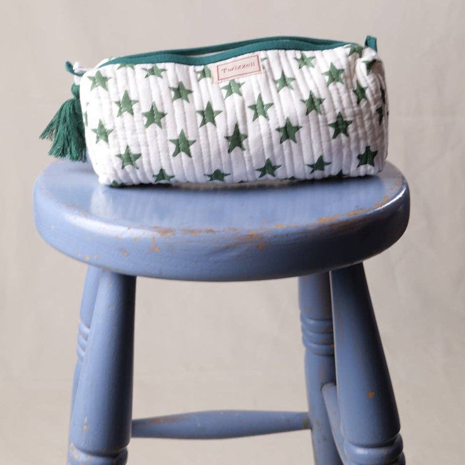 Green Star Quilted Zipper Pencil Case