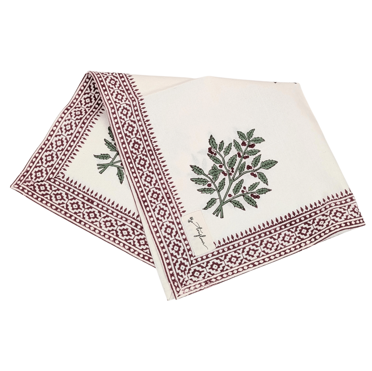 Christmas Holly Floral Block Printed Cotton Napkin Set of 2 - 50x50cm