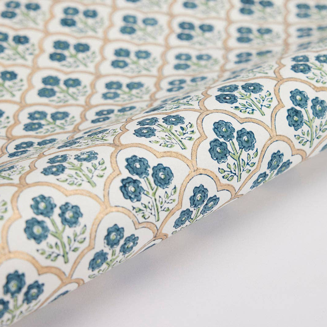 Artisanal Hand Printed Indigo Trellis Wrapping Paper Sheet