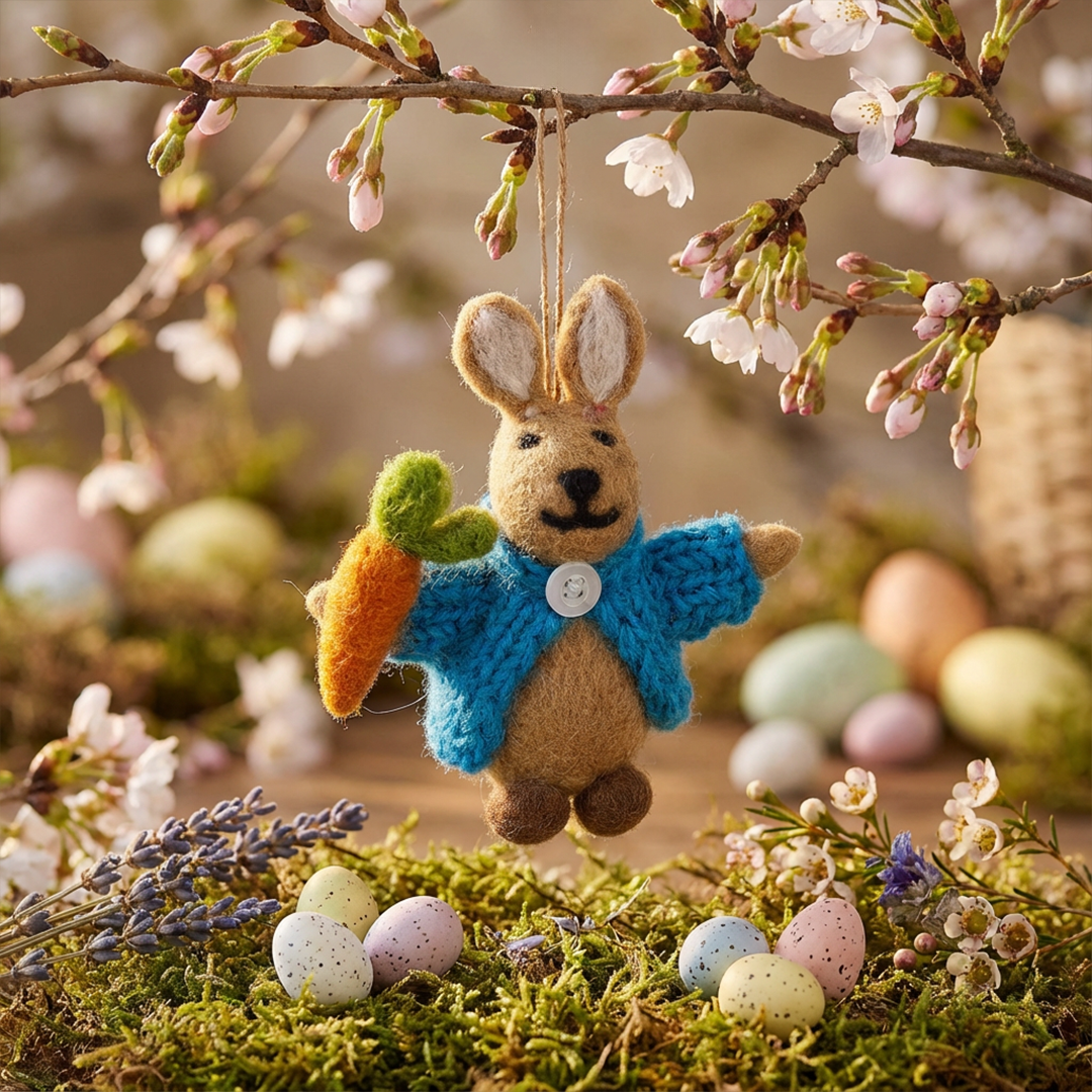 Handcrafted Felt Rabbit in Knitted Cardigan Decoration