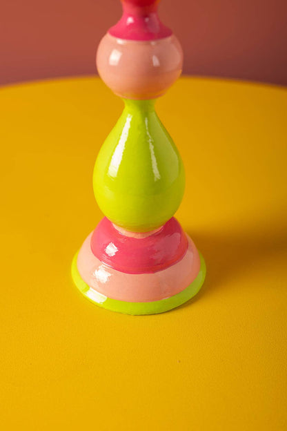 Pink & Lime Green Hand Painted Wooden Candle Holder