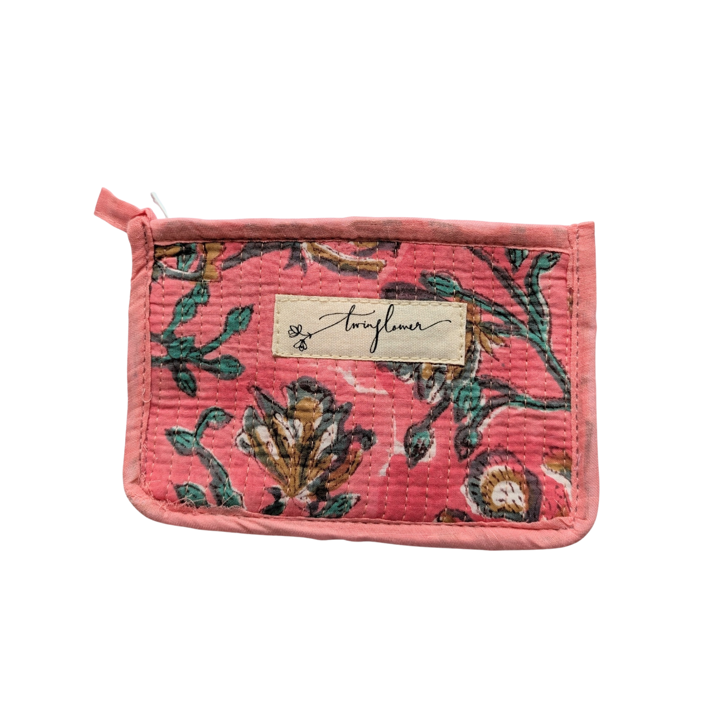Pink Floral Block Print Quilted Small Pouch