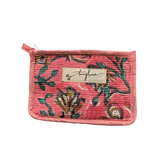 Pink Floral Block Print Quilted Small Pouch
