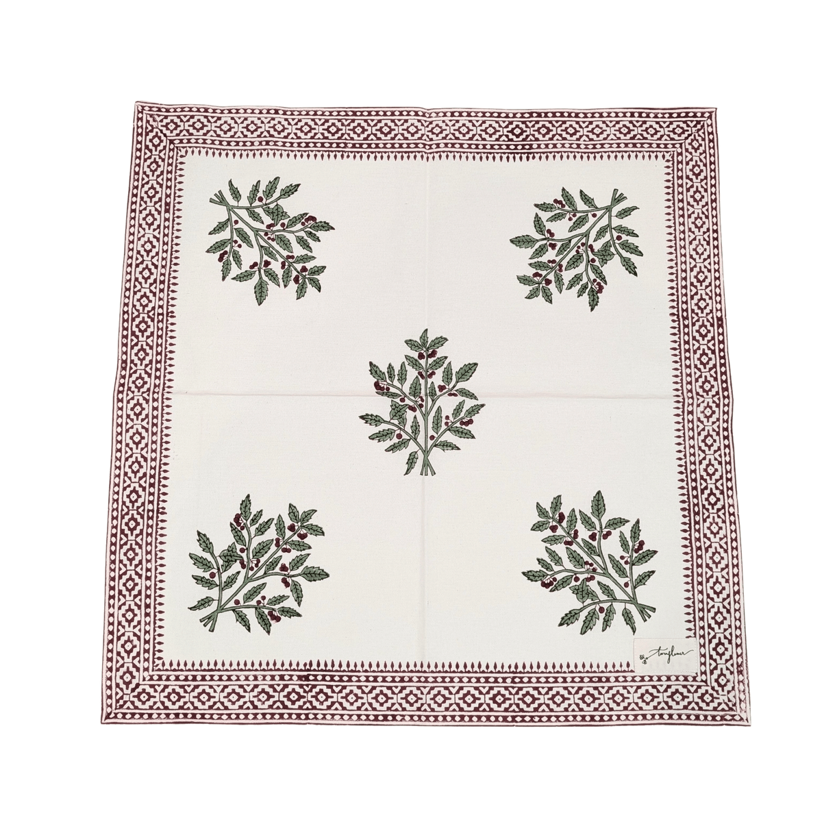 Christmas Holly Floral Block Printed Cotton Napkin Set of 2 - 50x50cm