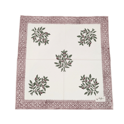 Christmas Holly Floral Block Printed Cotton Napkin Set of 2 - 50x50cm