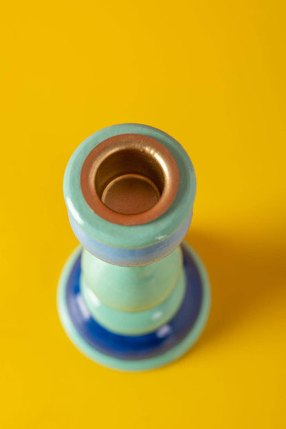 Blue & Green Hand Painted Wooden Candle Holder