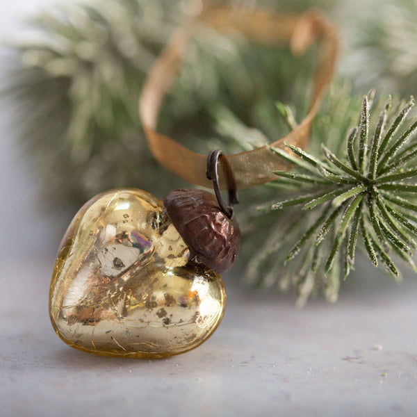 Set of 6 Gold 1" Crackle Glass Hearts Christmas / Valentines