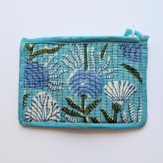 Aqua Floral Block Print Quilted Small Pouch