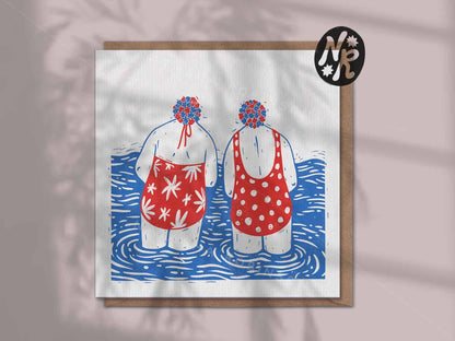 ‘Two Swimming Ladies’ Dorset Linocut Art Card