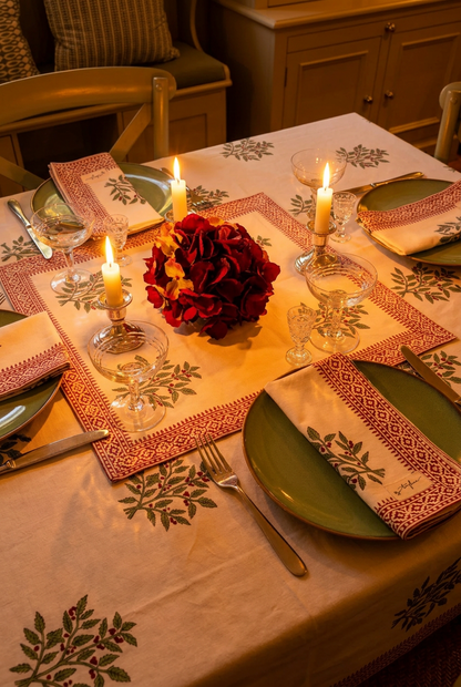 Christmas Holly Floral Block Printed Cotton Napkin Set of 2 - 50x50cm