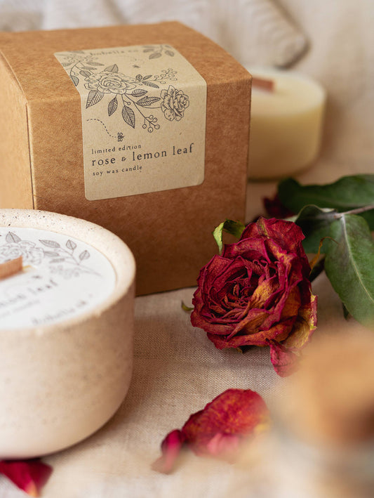Rose & Lemon Leaf Soy Wax Candle in ceramic pot